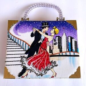 BRACIANO Beaded Dancing Couple City Scene Vintage Cigar Box Purse